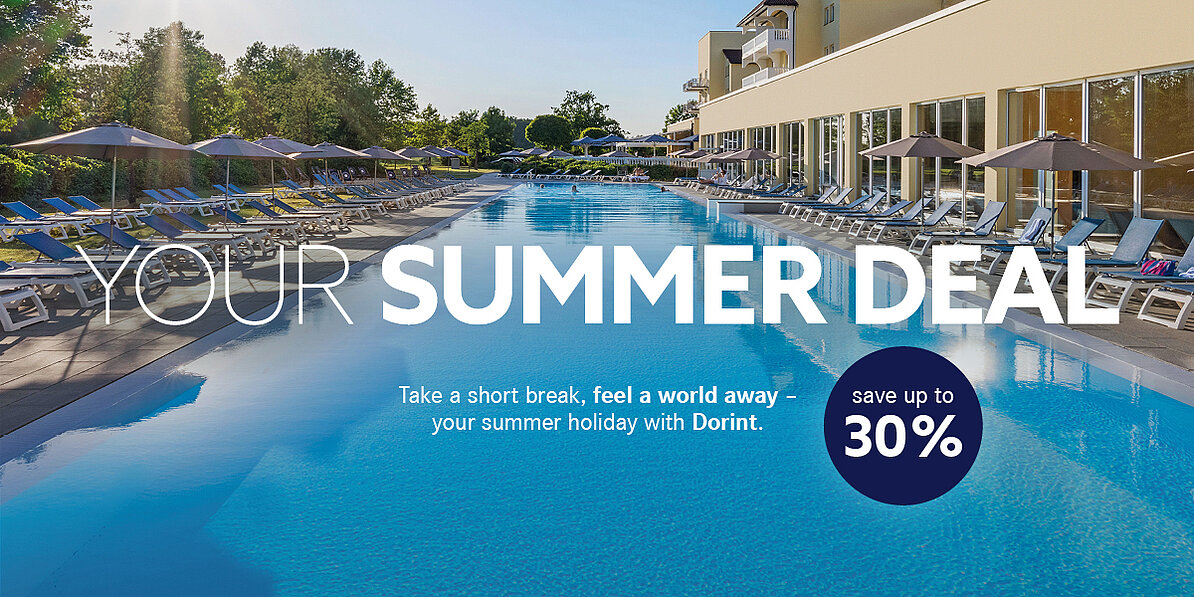 Large outdoor pool with sun loungers and parasols at a Dorint summer holiday – Summer Deal 2026 with up to 30% off
