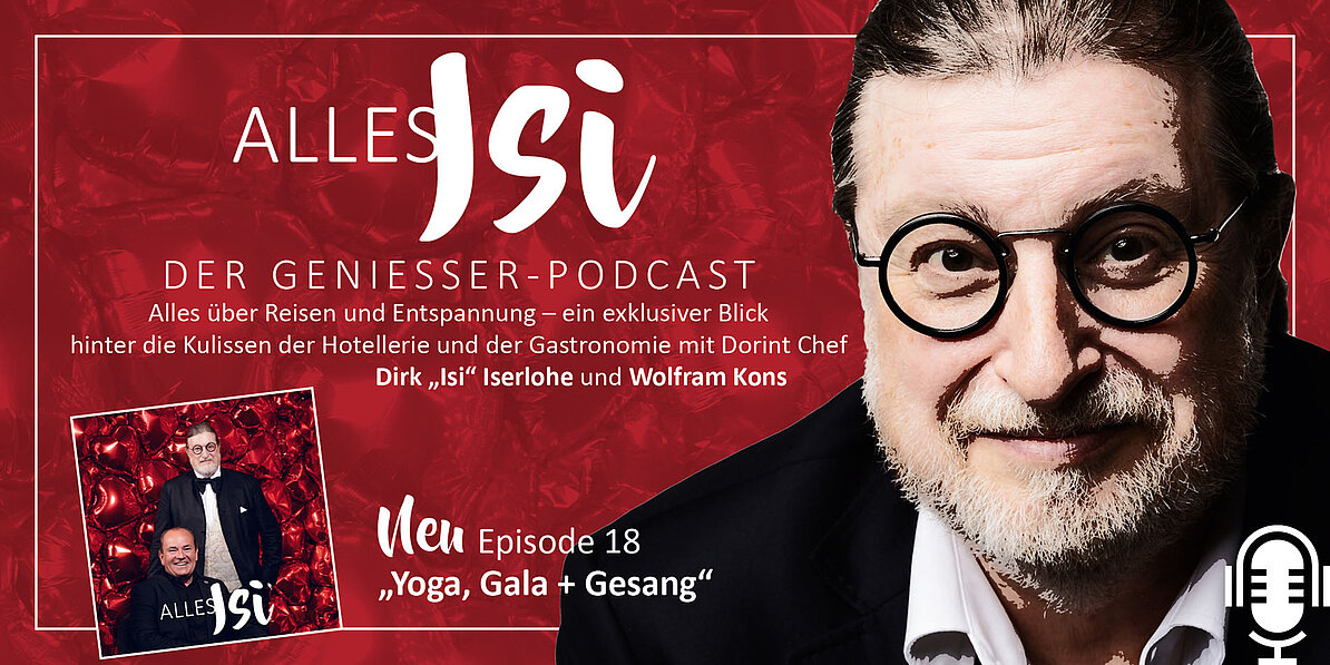 Das Bild ist ein Werbeplakat für einen Podcast namens „Alles Isi“, der sich mit Reisen, Entspannung und der Gastronomie beschäftigt.