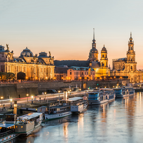 Historic Dresden Old Town and the River Elbe at sunset