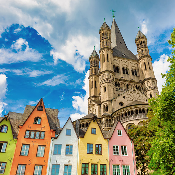 Colourful houses and Cologne Cathedral in Cologne’s historic Old Town