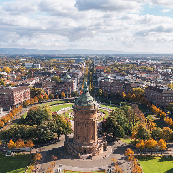 Mannheim Water Tower in the city centre surrounded by historic architecture