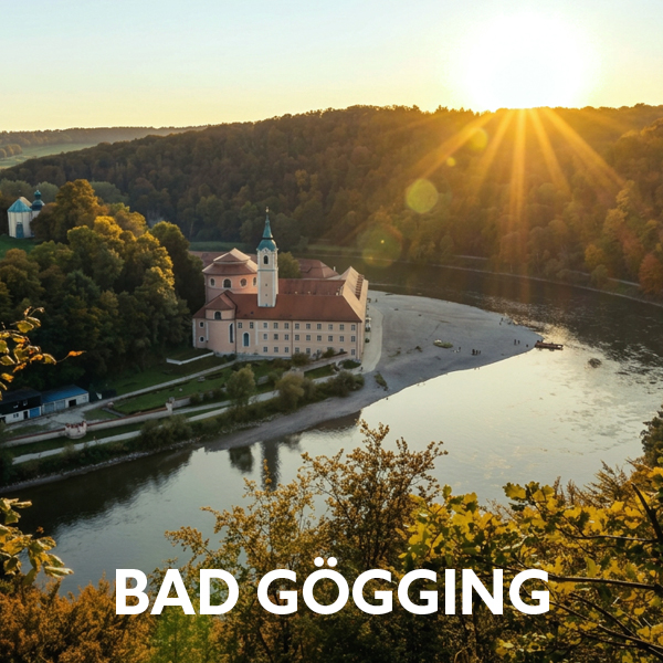 Monastery and Danube landscape in Bad Gögging at sunset for a relaxing holiday getaway in Bavaria.